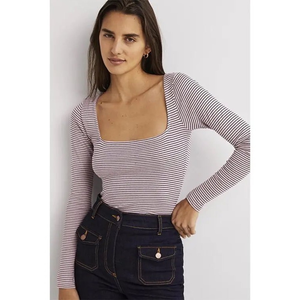 Boden Metallic Stripe Top in Pink Size 6 Classic Casual Essential Fall